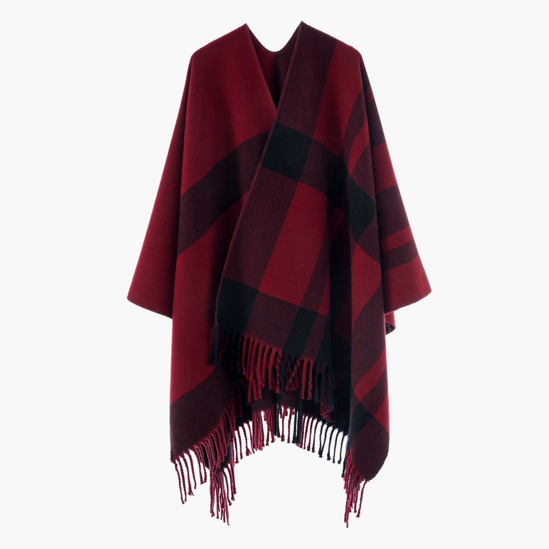 Damen Oversize-Cape mit Glencheck-Muster und Fransenabschluss Drune