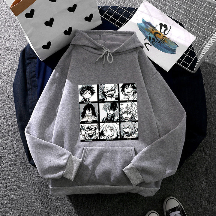 Unisex nan Kapuzenpullover mit quadratischer Manga-Charakter-Collage, leicht oversizeder Schnitt und Kängurutasche Drune