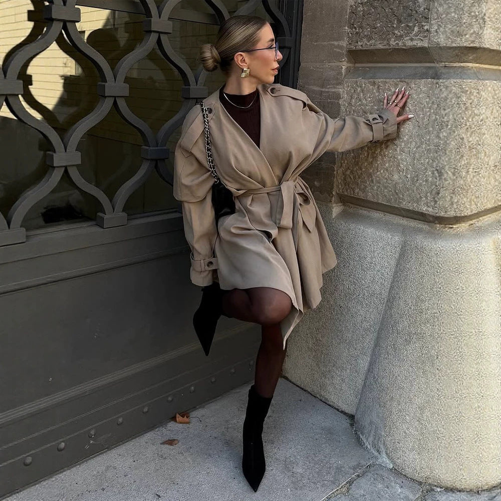 Damen Kurzer Asymmetrischer Wickelmantel mit Volant-Overlay und Bindegürtel Drune