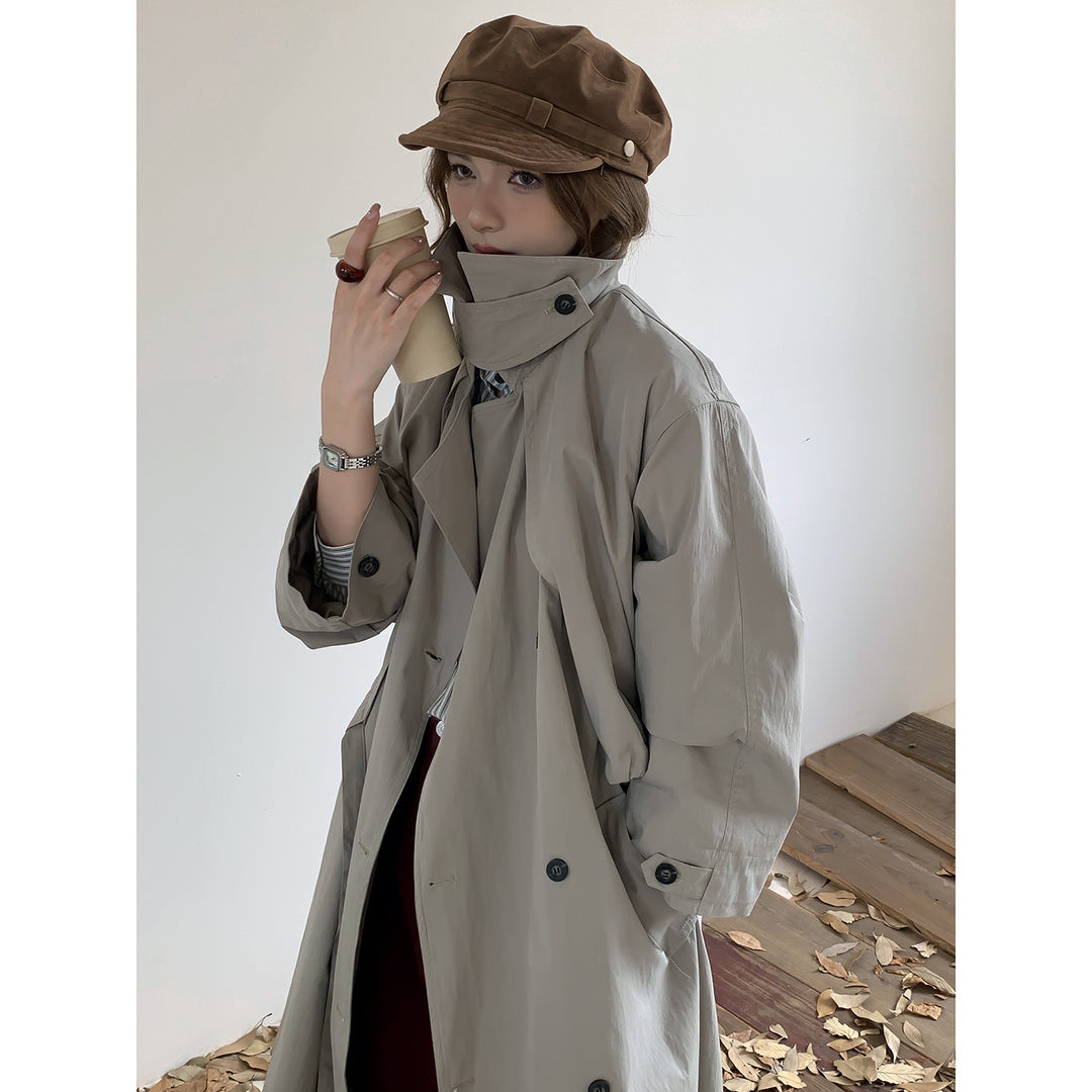 Damen Oversize Trenchcoat mit hohem Stehkragen und doppelreihiger Knopfleiste Drune