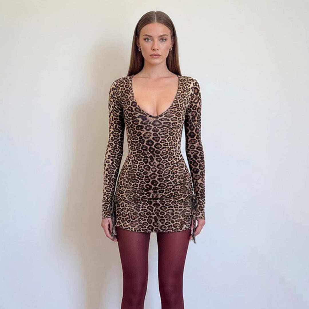 Damen Figurbetontes Leoprint-Minikleid mit tiefem V-Ausschnitt, langen Ärmeln und Kordelzügen Drune