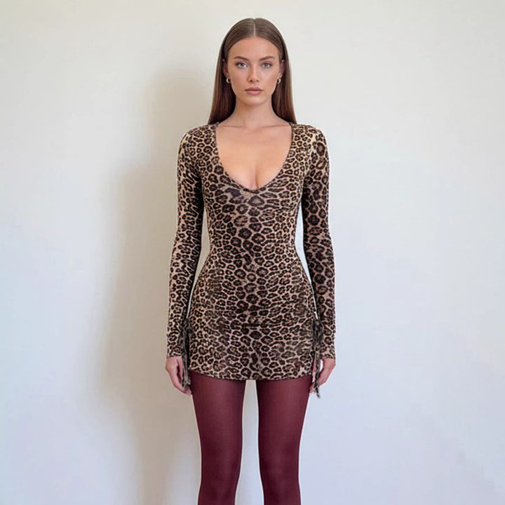 Damen Figurbetontes Leoprint-Minikleid mit tiefem V-Ausschnitt, langen Ärmeln und Kordelzügen Drune