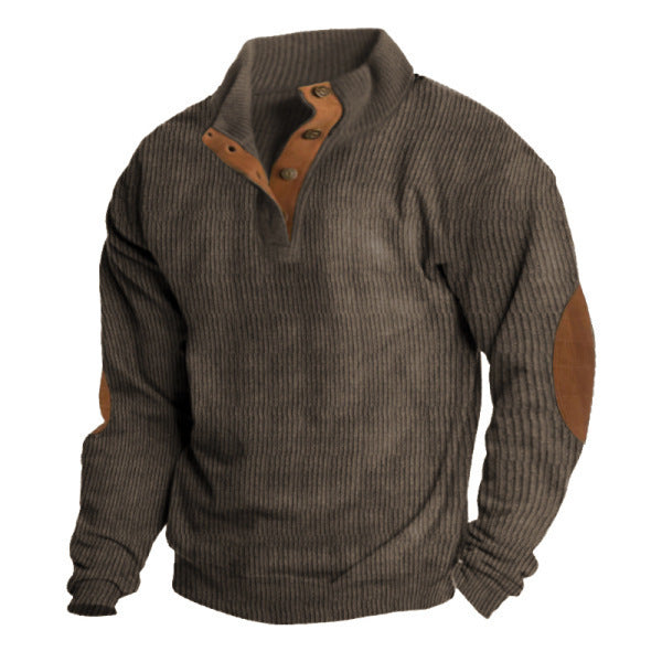 Herren nan grober Rippstrick-Pullover mit Stehkragen, Knopfleiste und markanten Ellenbogenpatches Drune