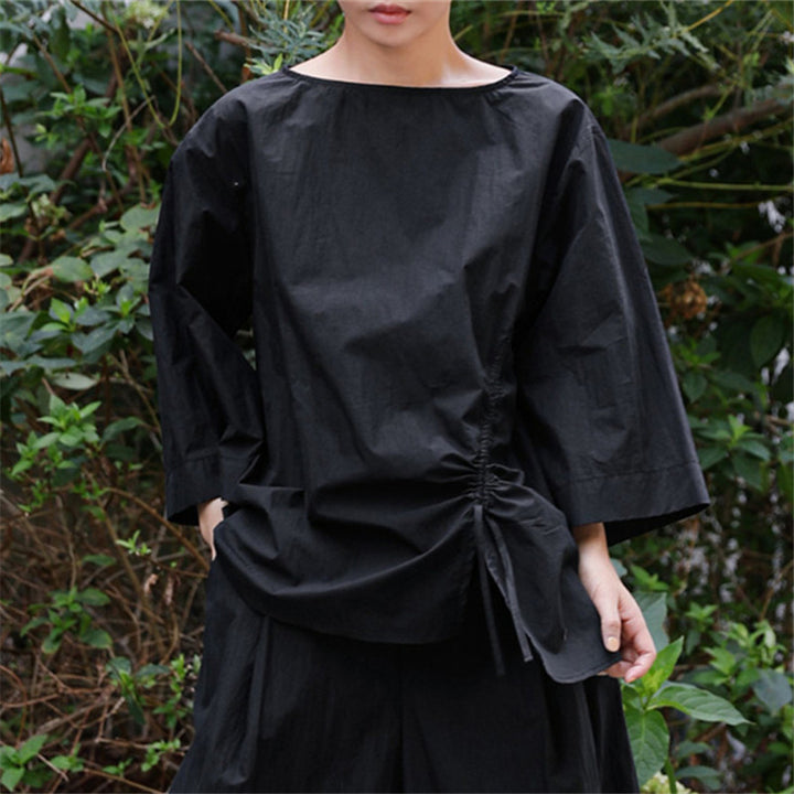 Damen Oversize-Bluse mit seitlicher Kordel‑Raffung, U‑Boot‑Ausschnitt und weiten Ärmeln Drune