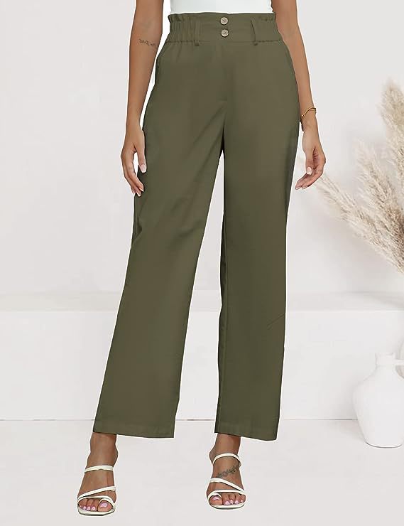 Damen weite Stoffhose mit elastischem Bund und modischen Knopfdetails Drune