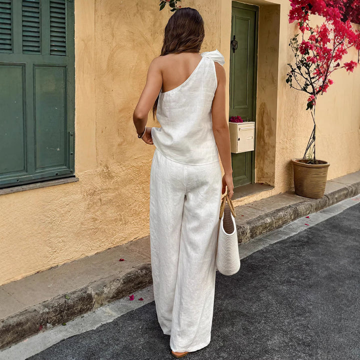 Damen Einschultriger Leinen-Jumpsuit mit Zier-Rosette und weitem Bein Drune