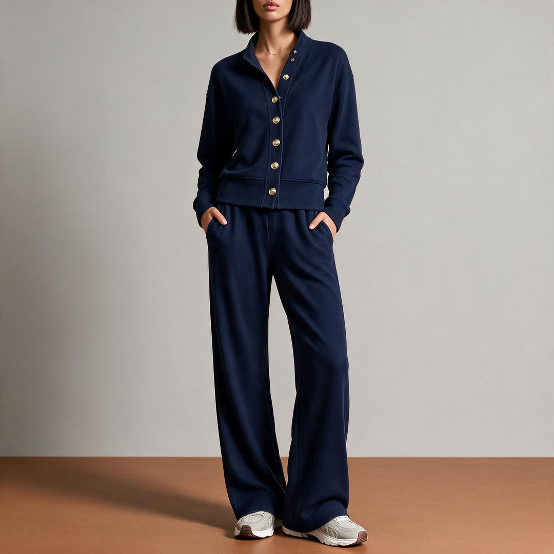 Damen Sweatjacke mit Druckknopfleiste, Stehkragen und weichem Lounge-Schnitt Drune