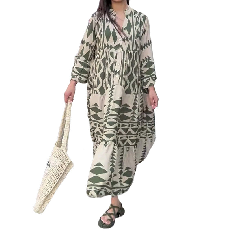 Damen Maxikleid mit geometrischem Muster und fließendem Schnitt Drune