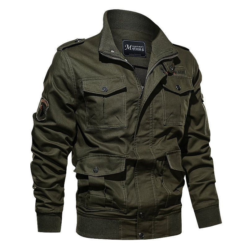 Herren Militärinspirierte Canvas‑Fieldjacke mit Epauletten, Mehrfach‑Taschen und geripptem Bund Drune