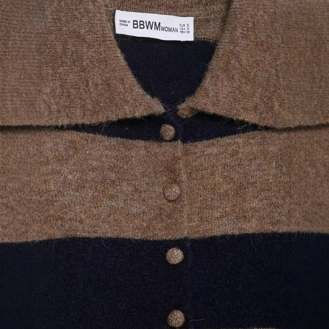 Damen gestreifte kuschelige Strickjacke mit Hemdkragen und durchgehender Knopfleiste Drune