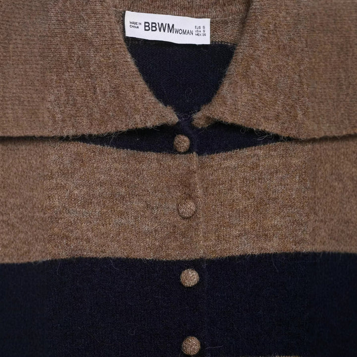 Damen gestreifte kuschelige Strickjacke mit Hemdkragen und durchgehender Knopfleiste Drune