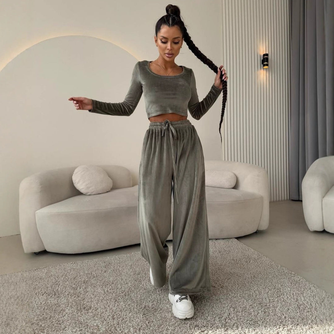 Damen Samt-Loungewear-Set mit Cropped-Langarmshirt und hoher Taillen-Palazzohose Drune