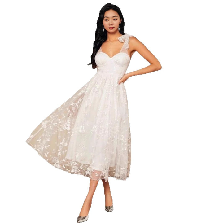 Damen elegantes Midikleid mit floralen Applikationen Drune