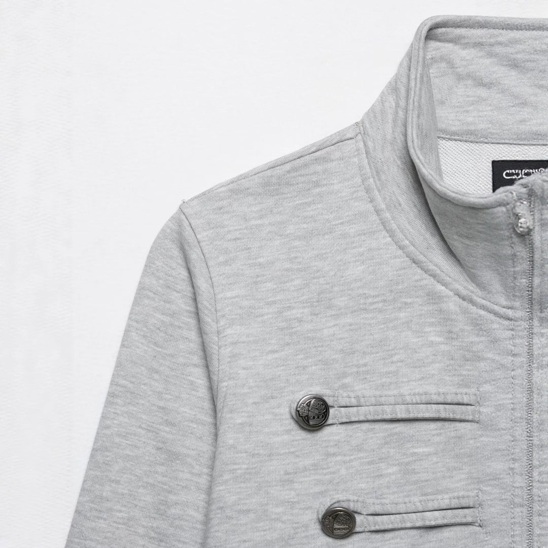 Damen Cropped-Sweatjacke mit Stehkragen und dekorativer Zierknopfleiste Drune