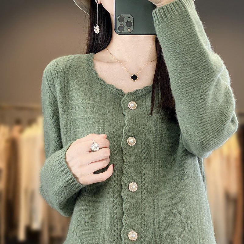 Damen Verzierter Strickcardigan mit Perlenknöpfen und Ajour‑Stickerei Drune