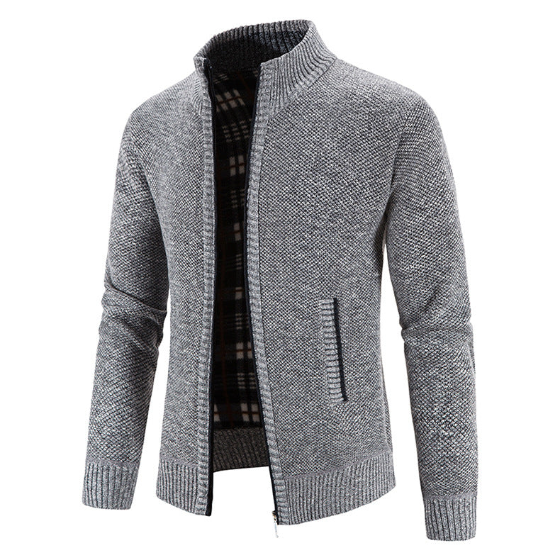 Herren nan Strickjacke mit durchgehendem Reißverschluss, Stehkragen und kariertem Futter Drune