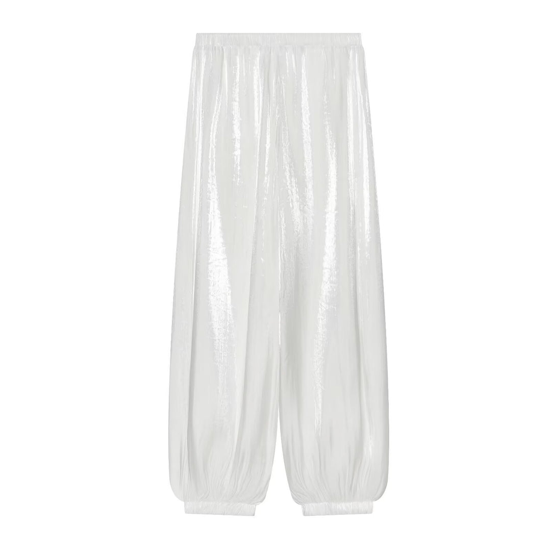 Damen Plissierte glänzende High‑Waist Palazzo-Jogger Drune