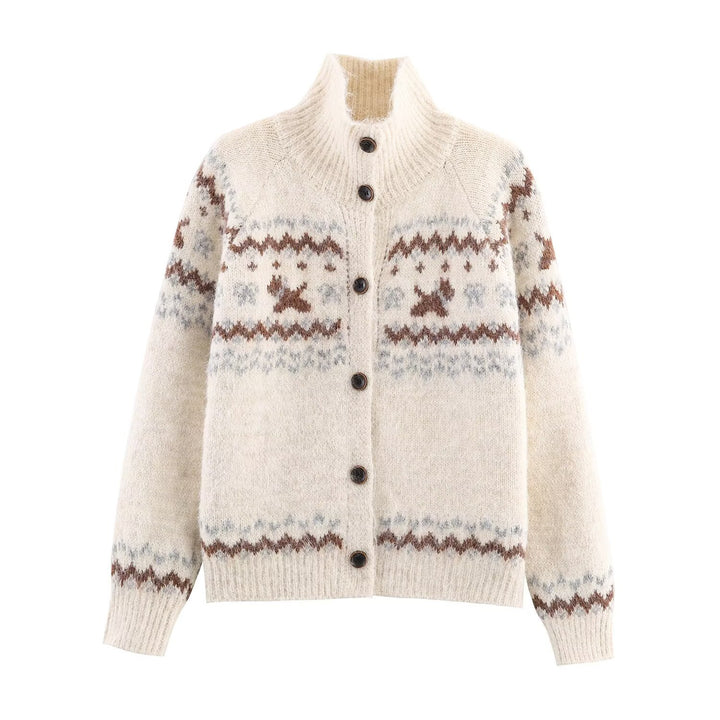 Damen Strickjacke mit traditionellem Muster und hochgeschlossenem Kragen Drune