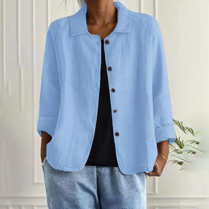 Damen Oversized Leinen-Hemdjacke mit Hemdkragen, 3/4-Ärmeln und durchgehender Knopfleiste Drune