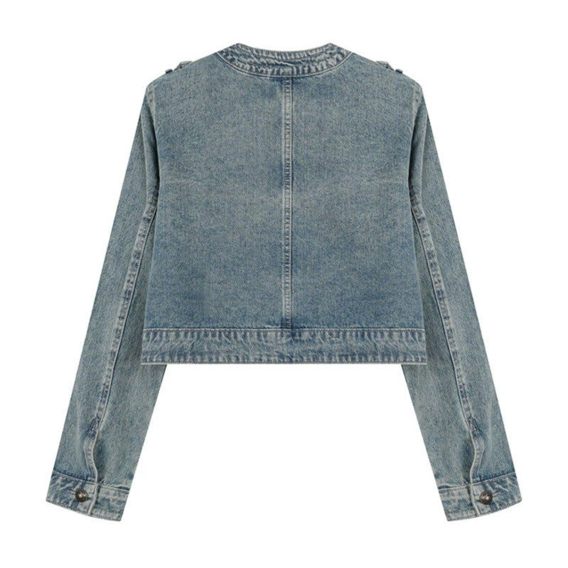 Damen Cropped-Denimjacke im Military‑Stil mit Zierknopfleisten Drune