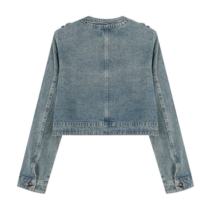 Damen Cropped-Denimjacke im Military‑Stil mit Zierknopfleisten Drune