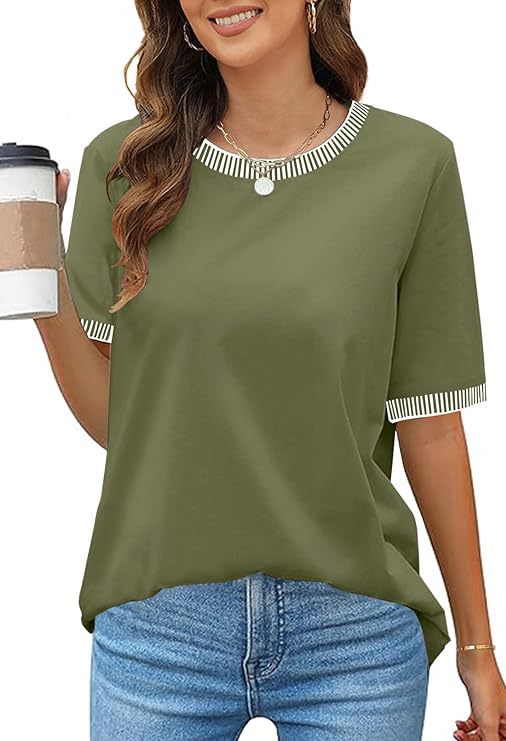 Damen lässiges Kurzarm-Shirt mit modischem Streifenkragen Drune