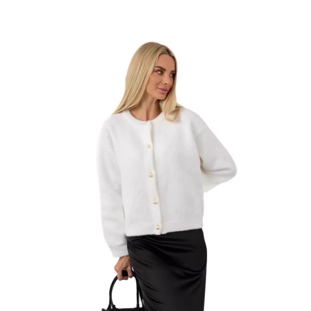 Damen Flauschiger Strick cardigan mit Perlenknöpfen Drune
