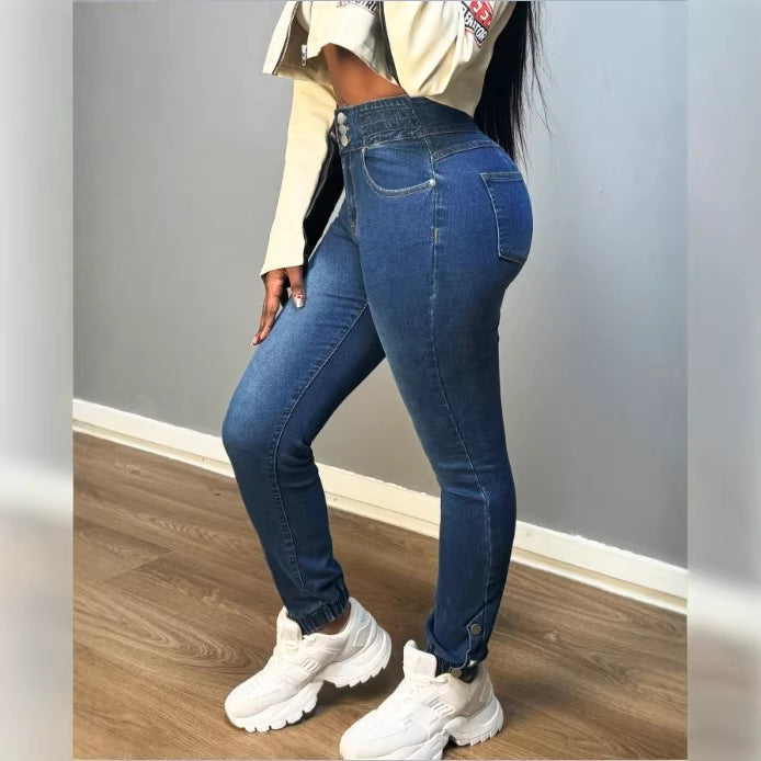 Damen Hochtaillierte formende Skinny-Jeans mit doppeltem Bundverschluss und verstellbarem Knöchel-Tunnelzug Drune