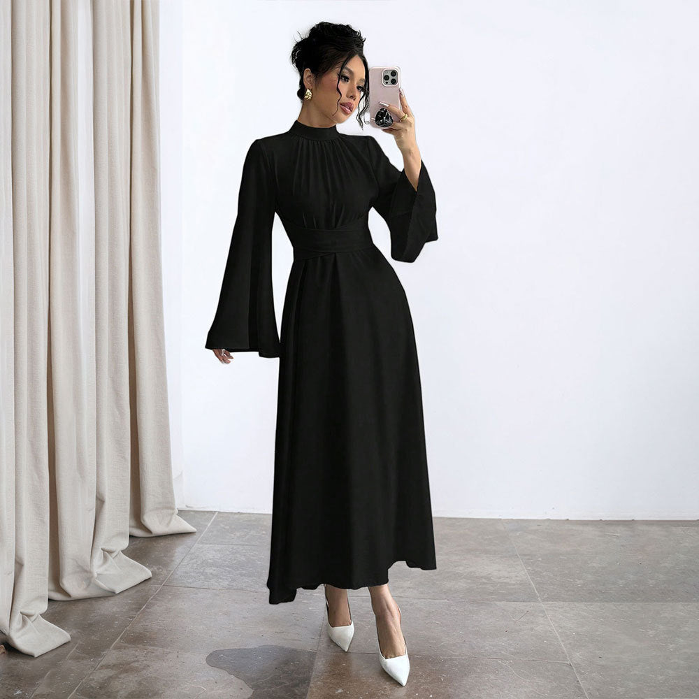 Damen elegantes Maxikleid mit Stehkragen, geraffter Taillenpartie und ausgestelltem A‑Linien‑Rock Drune