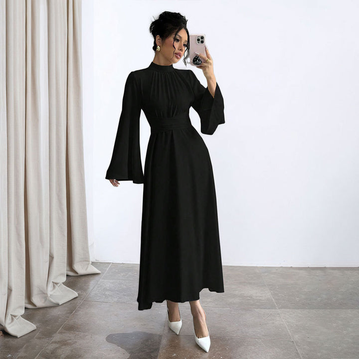 Damen elegantes Maxikleid mit Stehkragen, geraffter Taillenpartie und ausgestelltem A‑Linien‑Rock Drune