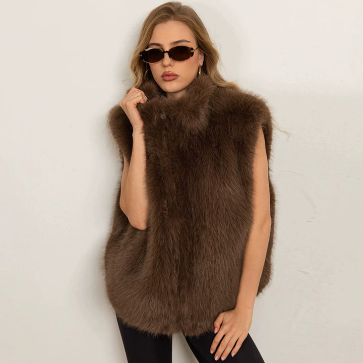 Damen Flauschige Kunstpelz‑Weste mit voluminösem Schalkragen und Reißverschluss Drune