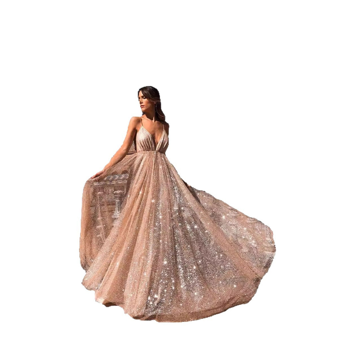Damen Glamouröses Abendkleid mit tiefem V-Ausschnitt und strahlenden Pailletten Drune