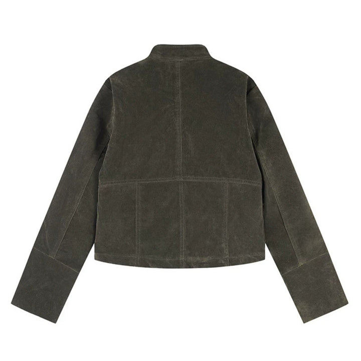 Damen kurze Wildleder-Utilityjacke mit Stehkragen, Mehrfachtaschen und Reißverschluss Drune