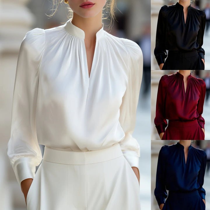 Damen Elegante Bluse mit Stehkragen und Bouffant-Ärmeln Drune