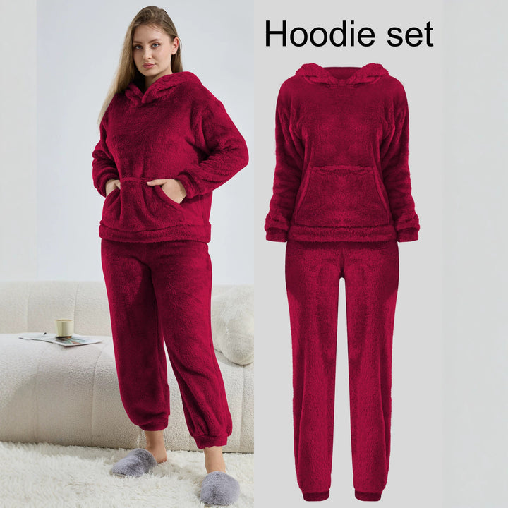 Damen Kuscheliges Teddy-Fleece Lounge-Set mit Kapuze und Kängurutasche Drune