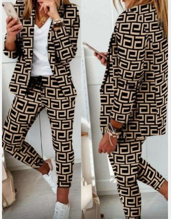 Damen nan Smart-Casual Blazer-Set mit offenem Longblazer und tapered Jogpant mit Kordelzug Drune