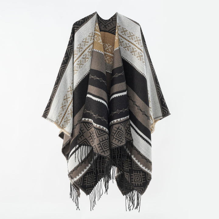 Damen Woven Jacquard-Poncho mit geometrischem Ethno-Muster und Fransensaum Drune