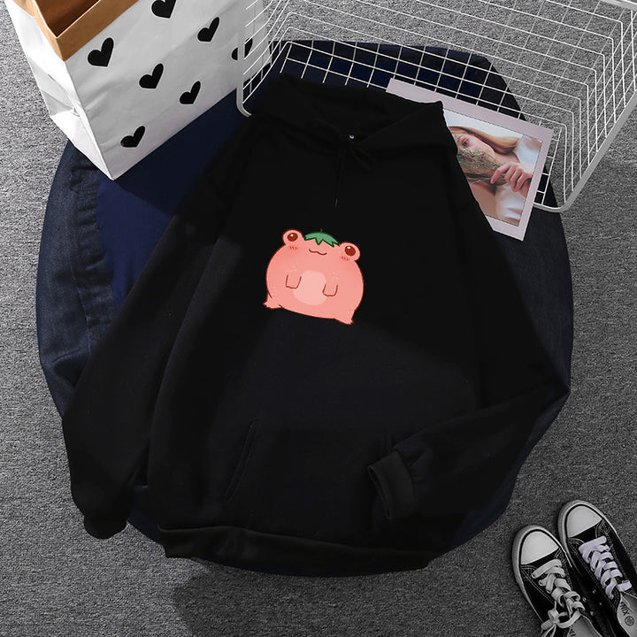 Damen nan oversized Kapuzenpullover aus Microfleece mit Cartoonfrosch-Motiv und Kängurutasche Drune