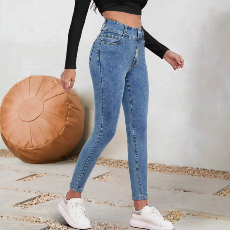 Damen Hochgeschnittene Sculpting-Skinny-Jeans mit Doppelknopf und Umschlag-Detail Drune