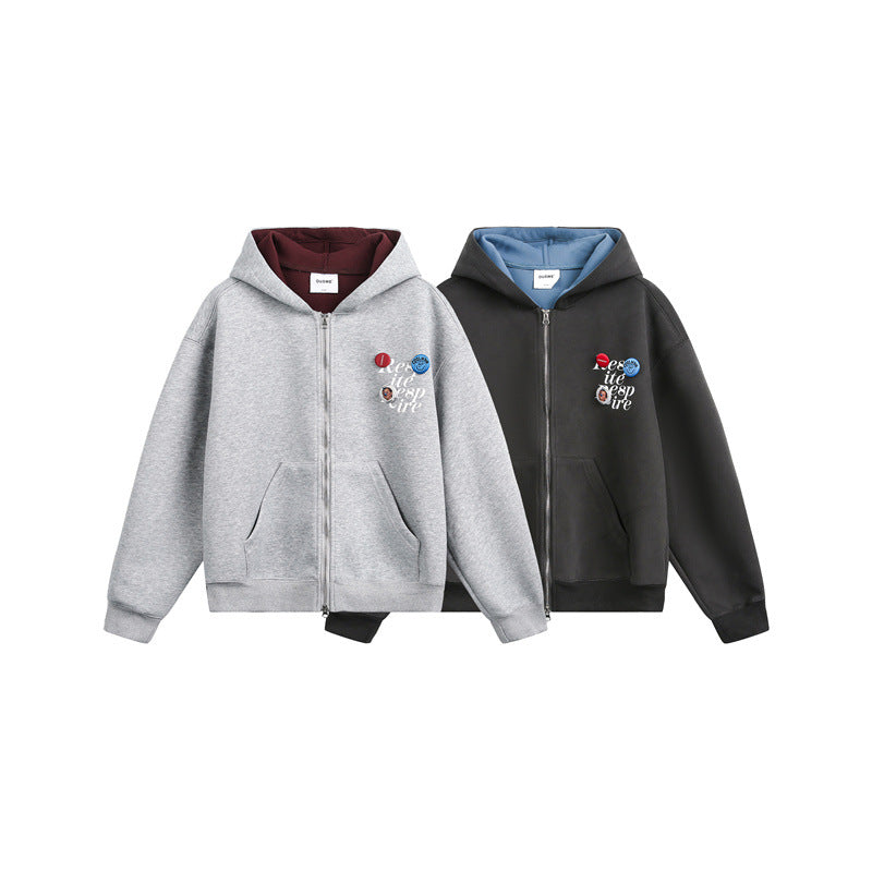 Unisex Kapuzen‑Sweatjacke mit Print‑Badges und Zweiwege‑Reißverschluss Drune