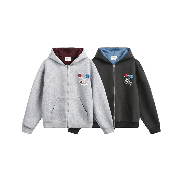Unisex Kapuzen‑Sweatjacke mit Print‑Badges und Zweiwege‑Reißverschluss Drune