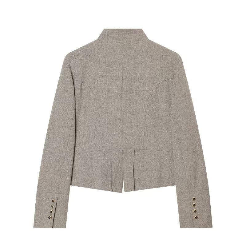 Damen Kurzblazer im Military‑Stil mit Stehkragen, doppelreihiger Zierknopfleiste und taillierter Silhouette Drune