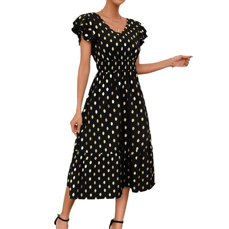 Damen Maxikleid mit Rüschendetails und schimmerndem Punktmuster Drune