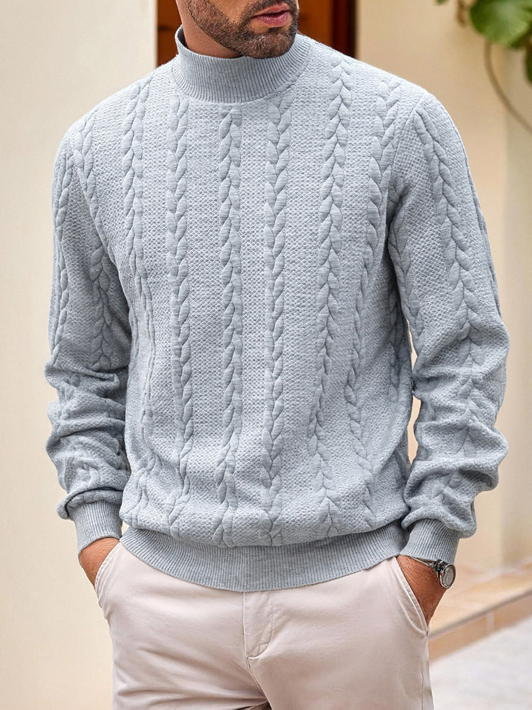 Herren grobgestrickter Zopfstrickpullover mit halbem Stehkragen und elastischen Rippbündchen Drune
