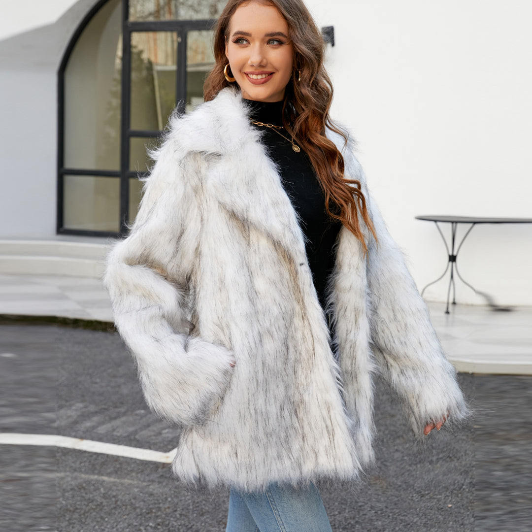 Damen Elegante Kunstpelzjacke mit breitem Revers und lockerer Passform Drune