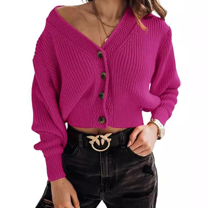Damen cropped Strickjacke mit tiefem V-Ausschnitt und elegantem Knopfverschluss Drune
