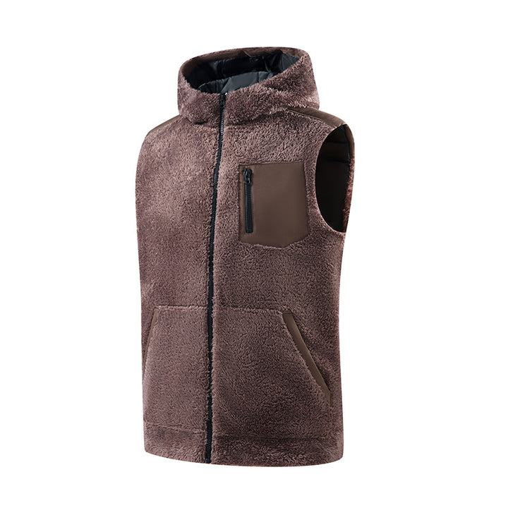 Herren Gefütterte Teddy-Fleece-Weste mit Kapuze, Reißverschluss-Brusttasche und Kängurutaschen Drune