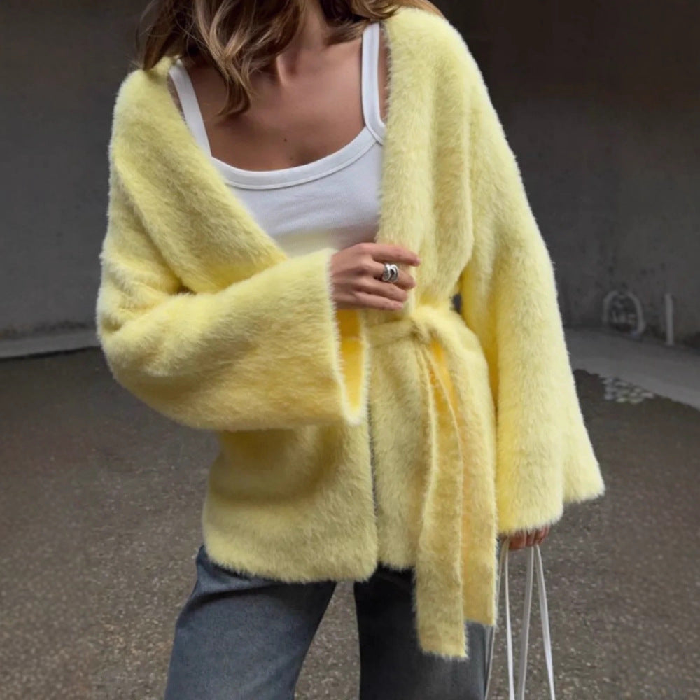 Damen Flauschige Strickjacke mit Gürtel Drune