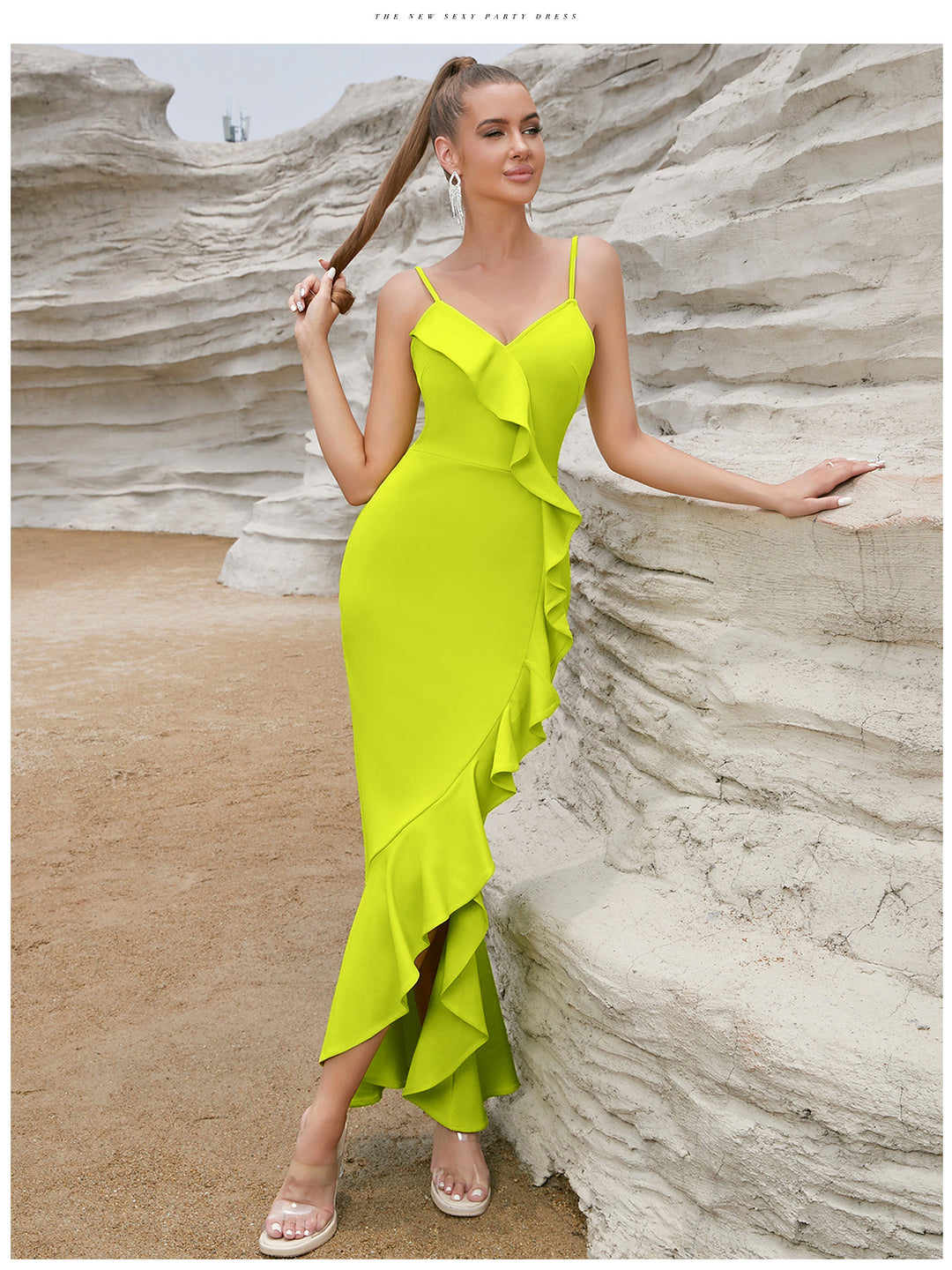 Damen Sexy Maxikleid mit Rüschen und hohem Schlitz Drune