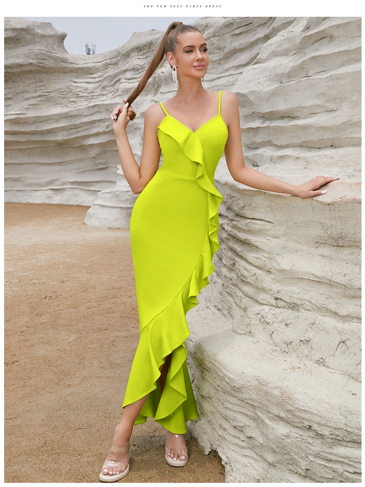 Damen Sexy Maxikleid mit Rüschen und hohem Schlitz Drune